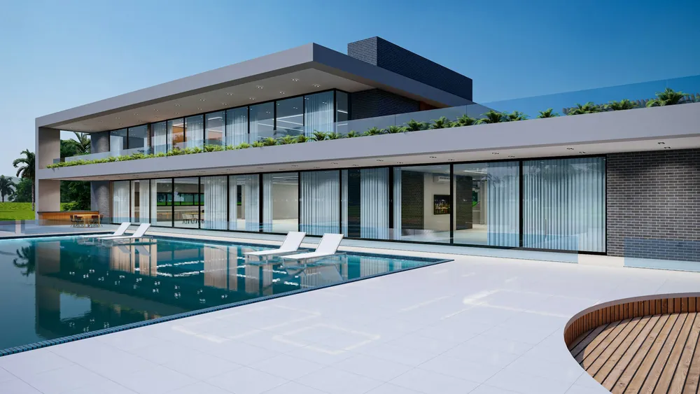 Casa moderna con piscina y galería sobre el jardín